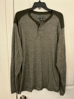 Distortion Mens XL Heathered Olive Green Colorblock Cotton Blend Henley